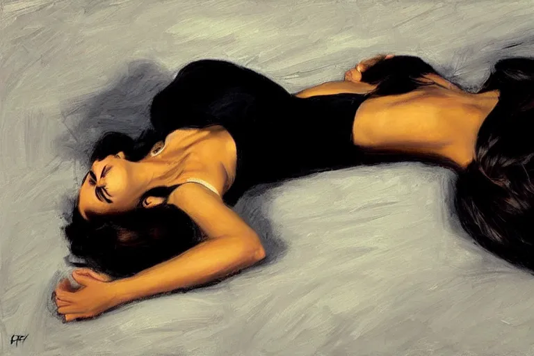 Image similar to Ground Level Shot, long shot of a beautiful dark haired woman wearing a black dress, laying on her back on a bed. by fabian perez