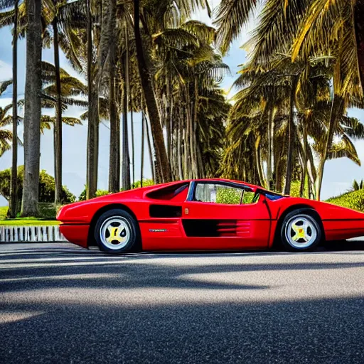 Image similar to Ferrari Testarossa parked on a coast road with a beach and palm trees