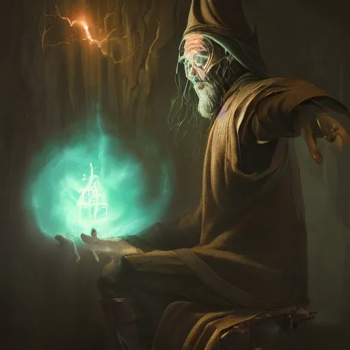 Image similar to a beautiful panting of a dark wizard casting a spell, alchemist lab, hyperrealistic, cinematic atmosphere, epic, artstation, moebius