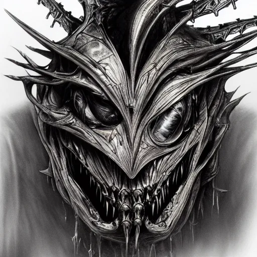 Image similar to nazgul by yoshitaka amano, by hr giger, biomechanical, profile portrait, 4 k, wide eyes, hyper detailed, hyperrealism, anime