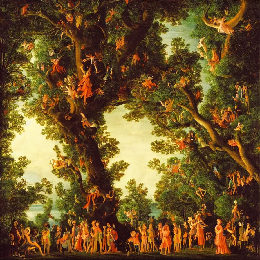 Prompt: a night carnival around a magical tree cavity, with a surreal orange moonlight and fireworks in the background, next to a lake with iridiscent water, christmas lights, folklore animals and people disguised as fantastic creatures in a magical forest by summer night, masterpiece painted by pompeo girolamo batoni, dark night environment