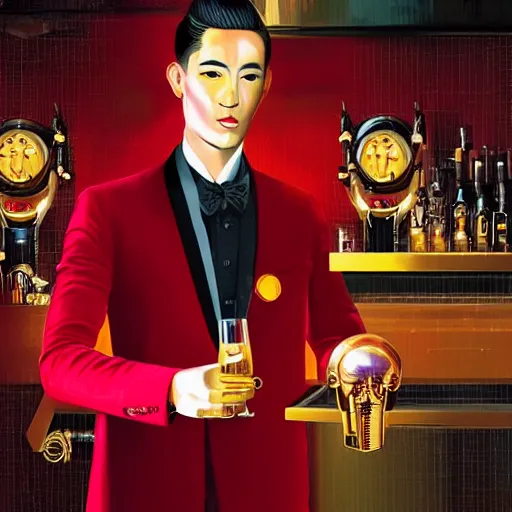 Prompt: portrait of a male cyborg bartender, chinese, slick brushed - back hair, half - robot half - human, red velvet mao suit, golden ascot, steampunk monocle, in a dark bar lit by floating lights, post - impressionist