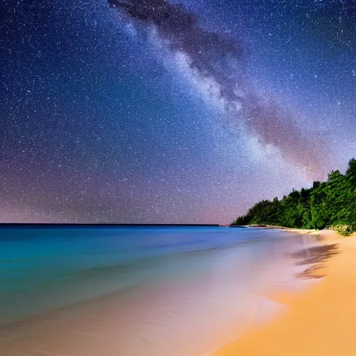 Prompt: planet on milky way as beach, water is galaxy