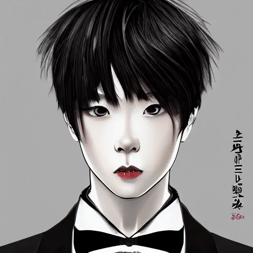 Image similar to portrait of a beautiful korean girl wearing a men's tuxedo, with short messy hair, men's haircut, angular features, angry expression, digital art, elegant pose, detailed illustration