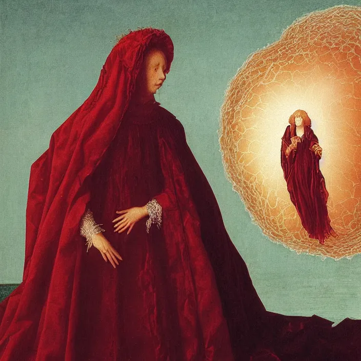 Image similar to a closeup portrait of a cloaked woman floating next to an jellyfish nebula, jellyfish nebula, by jan van eyck