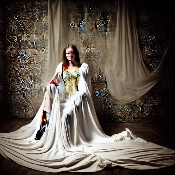 Image similar to portrait of a beautiful woman like a fallen angel, total body dressed in long intricate ornamental white dress, fine art photography by Lindsay Adler, sitting in an hall of an haunted house professional studio lighting, volumetric lighting, dark colors , hyper realistic kodak photography