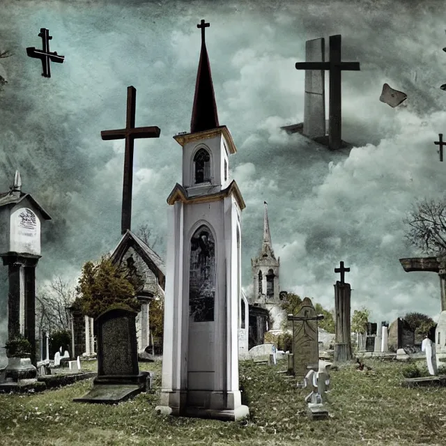 Prompt: church and graveyard, surrealistic collage art