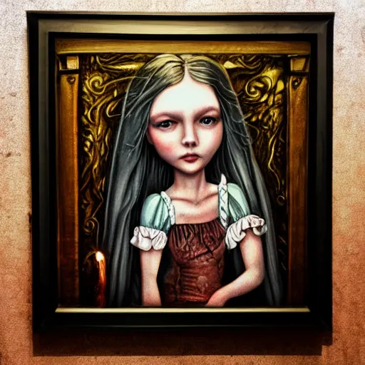 Image similar to the blacksmiths daughter, in the forge, lowbrow in the style of Mark Ryden,