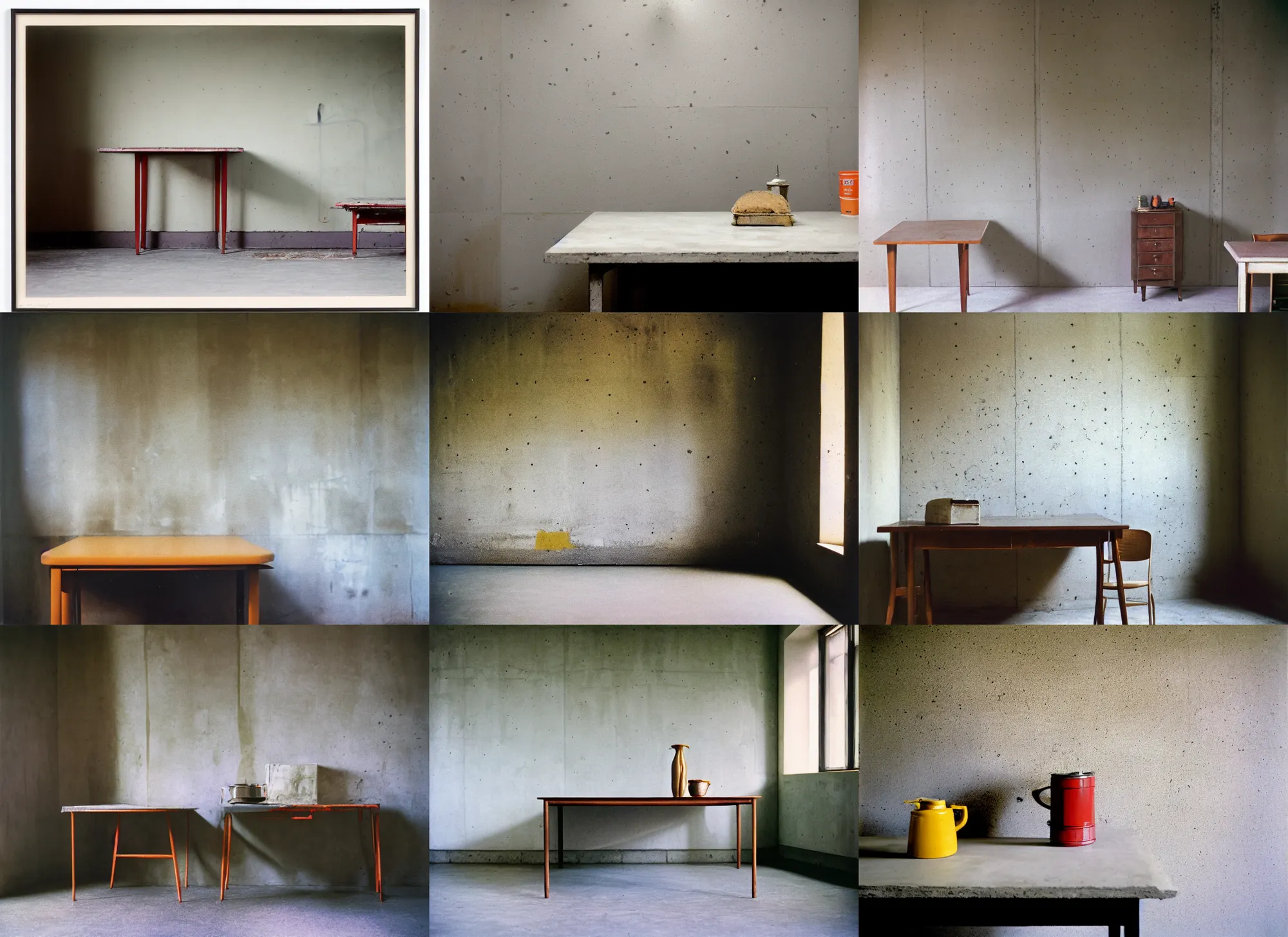 Prompt: kodak portra 4 0 0, 8 k, highly detailed, britt marling style, award winning colour still - life portrait of a large room with rough concrete walls, a square wall picture is leaning on the wall, a 1 9 5 0 s table, a 1 9 5 0 s table