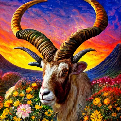 Prompt: painting by senior concept artist josephine wall, horned ram goddess checking her cell phone, erupting volcano in distance, sunset, flowers in foreground, zodiac, fantasy, acrylic on canvas, intricately detailed, highly detailed, high resolution, hdr, 8 k, trending on artstation