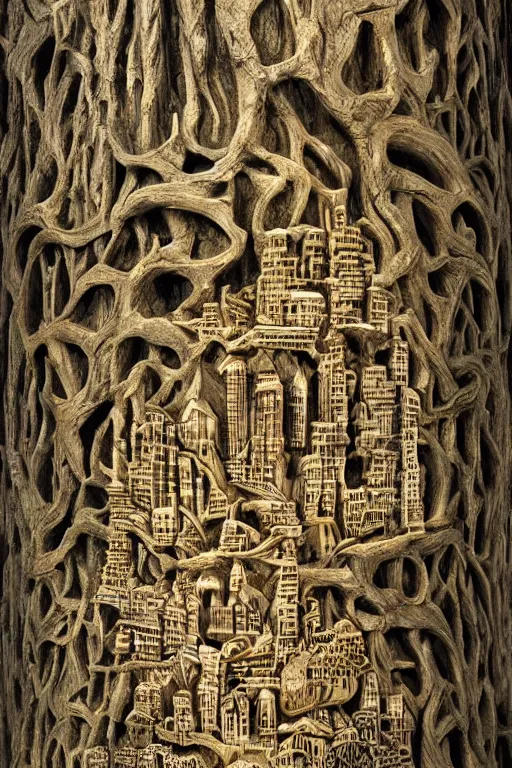 Image similar to fantasy art of a miniature city carved into the trunk of a single colossal tree in the forest, awe - inspiring, highly detailed digital art