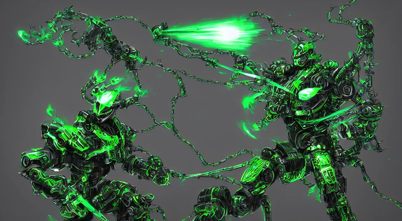 Image similar to metal ninja-robot with green ghost dragon and katana, digital art, trending on artstation, 4k, ultra detailed