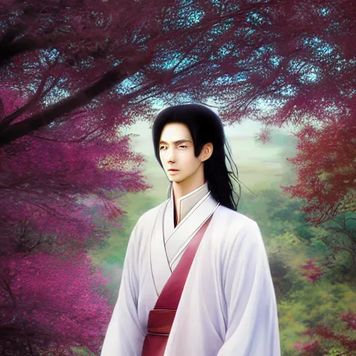 Image similar to a portrait of a young beautiful prince, golden eyes, long black hair, white hanfu, elegant, intricate, backlit, incredible lighting, strong rim light, subsurface scattering, photorealistic anime, epic beautiful landscape, cherry trees, highly detailed, digital painting, by Heise Jinyao, Heise-Lian Yan Fang, Feimo, Rossdraws, HDRI, vivid colors, high contrast, 8k