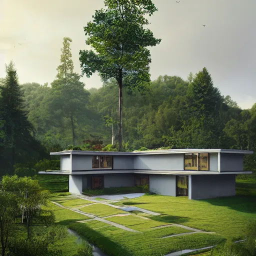 Prompt: rectangular modernist house inspired by a tibetan palace, surrounded by thick collumns, two levels, in a field, big trees, clouds, dramatic lighting, artstation, matte painting, raphael lacoste, simon stalenhag, frank lloyd wright, drone view