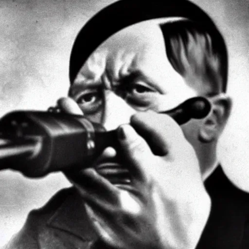 Prompt: hitler pointing a gun to his head while crying, close - up shot