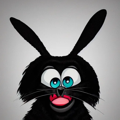 Image similar to A extremely highly detailed majestic hi-res beautiful, highly detailed head and shoulders portrait of a scary terrifying, horrifying, creepy black cartoon rabbit with scary big eyes, earing a shirt laughing, lets be friends, in the style of Walt Disney