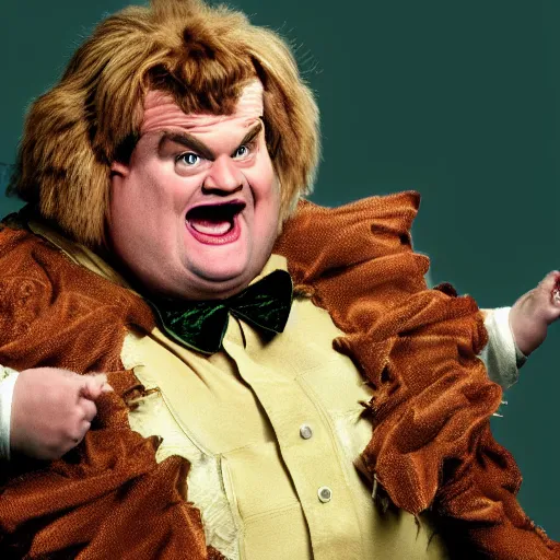 Image similar to snl chris farley as the cowardly lion of oz, studio poster photography, trending on artstation, featured on deviantart, award winning costume