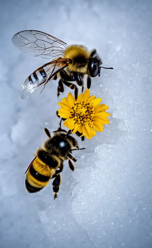 Prompt: a bee and a flower under a layer of ice and snow, beautiful macro photography, ambient light