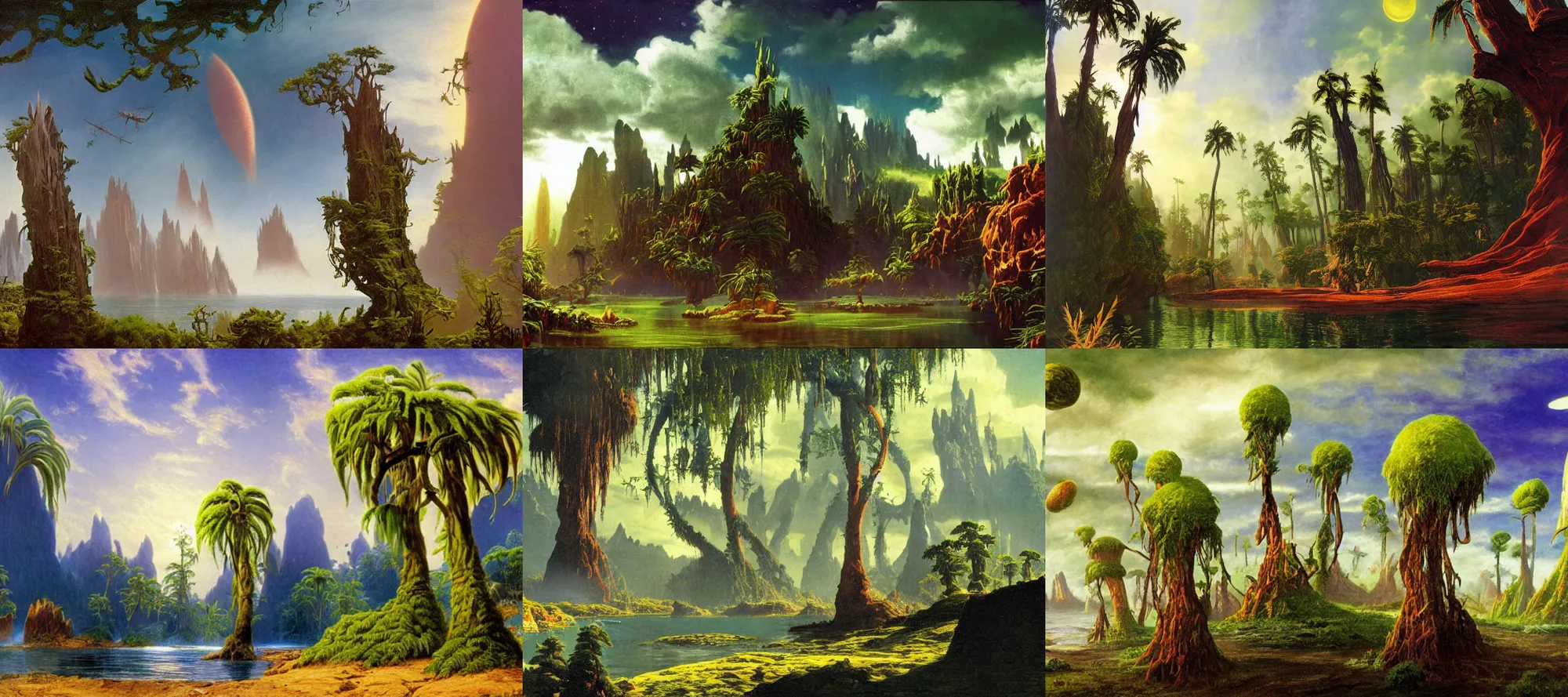 Prompt: kashyyyk landscape in the style of dr. seuss, starships, painting by albert bierstadt