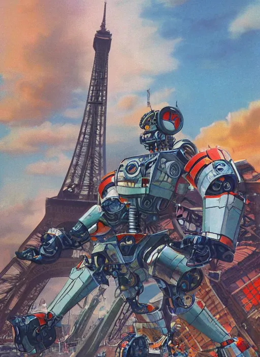 Prompt: realistic physically based rendering of a giant mechanical robot at the eiffel tower by jack kirby and simon bisley, epic, awesome trendy color palette, cinematic