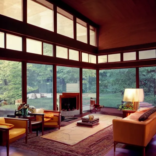 Prompt: mid century sunken living room, fireplace, big windows, frank lloyd wright