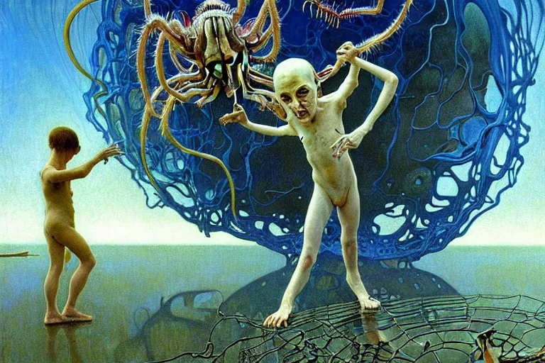 Image similar to realistic extremely detailed portrait closeup painting of a ghost kid playing with giant spider, futuristic sci-fi landscape on background by Jean Delville, Amano, Yves Tanguy, Alphonse Mucha, Ernst Haeckel, Edward Robert Hughes, Roger Dean, rich moody colours, blue eyes