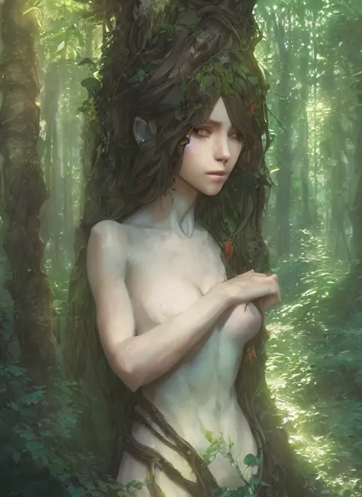 Image similar to a portrait a dryad in a forest, intricate, tone mapped, ambient lighting, highly detailed, digital painting, artstation, concept art, sharp focus, by makoto shinkai and akihiko yoshida and hidari and wlop