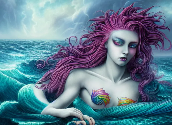 Prompt: realistic detailed image of a mermaid with rainbow hair swimming in an angry, stormy sea, anime art, anime, inspired by Mark Ryden and Zdzislaw Beksinski, gothic, rich deep colors. A masterpiece.