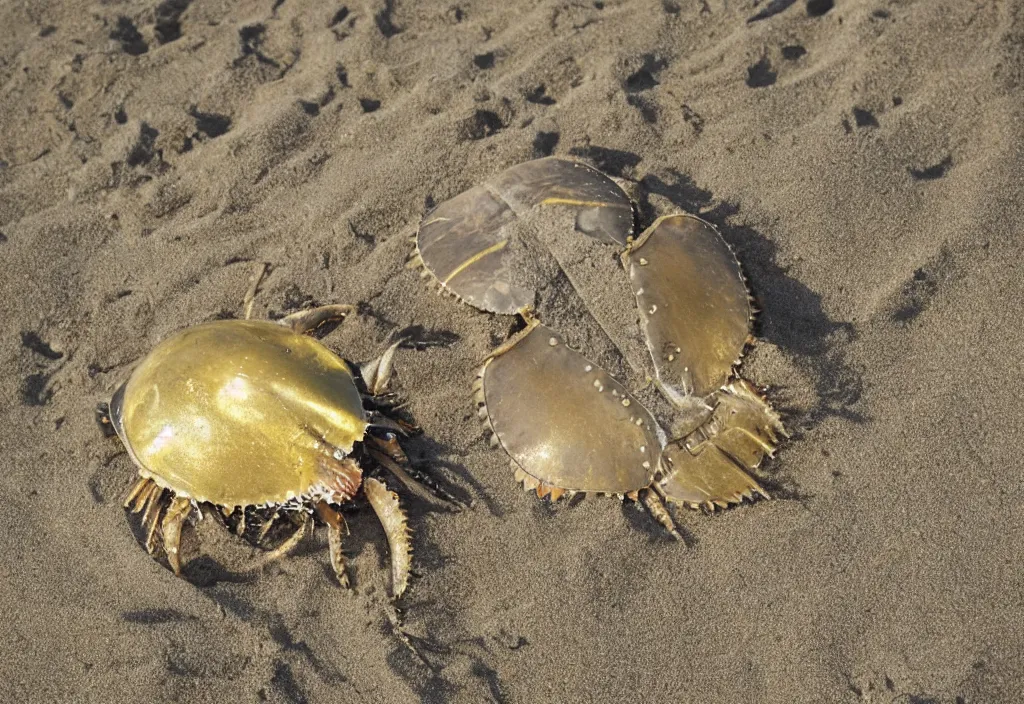 Image similar to A photo of a horseshoe crab made of gold in the beach