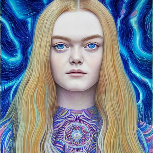 Image similar to professional painting of Elle Fanning in the style of Alex Grey, head and shoulders portrait, symmetrical facial features, smooth, sharp focus, illustration, intricate, stormy weather, extremely detailed masterpiece,