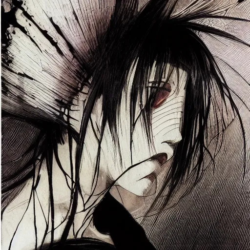 Image similar to Yoshitaka Amano realistic illustration of an anime girl with white hair and cracks on her face wearing dress suit with tie fluttering in the wind, abstract black and white patterns on the background, noisy film grain effect, highly detailed, Renaissance oil painting, weird portrait angle