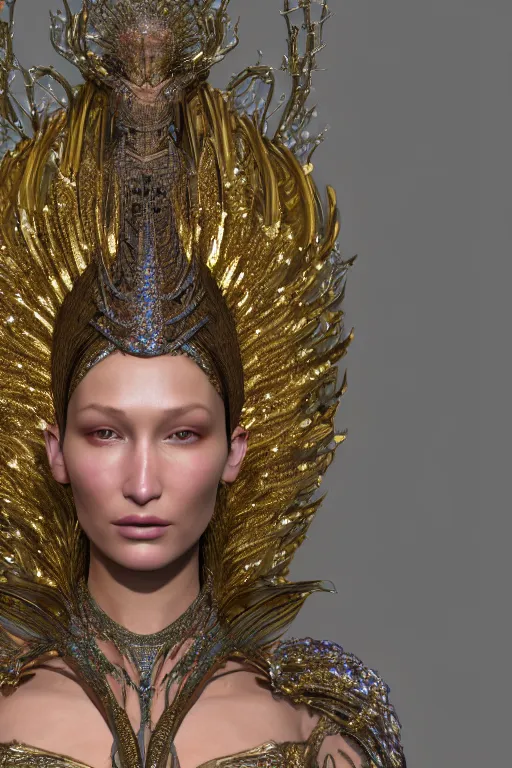 Prompt: a highly detailed metahuman 4 k close up render of an alien goddess bella hadid as archangel in iris van herpen dress schiaparelli in diamonds swarovski and jewelry in style of alphonse mucha gustav klimt trending on artstation made in unreal engine 4