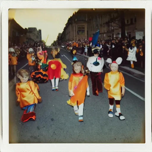 Image similar to a vivid, colorful polaroid photograph of kids in Halloween costumes marching in a parade