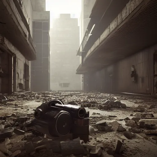 Prompt: a walkie - talkie lies on the ground in rubble, macro perspective of the walkie - talkie, intricate details, dark interior of an old corridor, horrible angry zombies in the background, 8 k hyperdetailed, unreal engine, octane render, style of gta v artworks