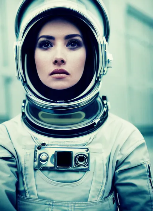 Prompt: photograph portrait of a very pretty!!! woman! symmetric face, petzval lens. out of focus, in a beautiful astronaut costume. futuristic helmet with neck protection, space station. by alesio albi and george lucas and stanley kubrick