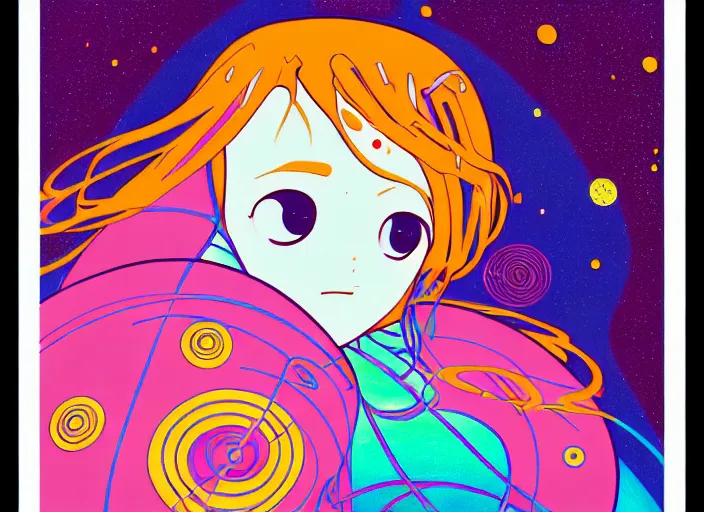 Prompt: portrait of a young girl dancing in space,Hiroyuki Imaishi,Studio Trigger,jean giraud,gustav klimt, kawaii, manga, bright colors,beautiful, 28mm lens, vibrant high contrast,gradation, jean giraud, moebius, fantasy, rule of thirds fibonacci, intricate, matte print, smooth, Ilya Kuvshinov