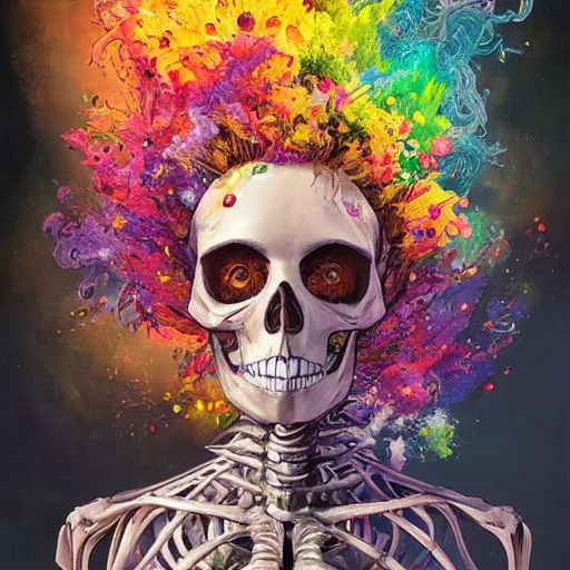 Prompt: art portrait of skeleton with colorful flowers exploding out of head,8k,by tristan eaton,Stanley Artgermm,Tom Bagshaw,Greg Rutkowski,Carne Griffiths,trending on DeviantArt,face enhance,hyper detailed,minimalist,cybernetic, android, blade runner,full of colour,