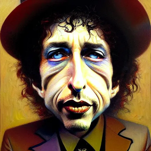Prompt: exaggerated funny caricature portrait of bob dylan, detailed face, detailed painting, epic lighting, by ilya repin, phil hale and kent williams