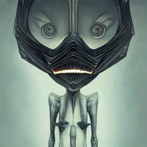 Image similar to 3 / 4 view of an origami alien, eye - level medium shot, elegant, by h. r. giger, by esao andrews, by eiko ishioka, centered, high depth of field, origami, rich volumetric light, 3 d oil painting, smooth, concept art, japanese, reallusion character creator, depth perception, 4 k, deviantart