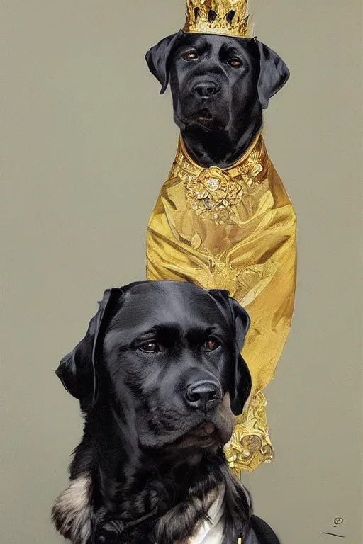 Prompt: oil painting portrait of black slender and thin anthropomorphized labrador dog wearing royal clothes, highly detailed, digital painting, artstation, concept art, sharp focus, illustration, art by leyendecker and greg rutkowski and alphonse mucha