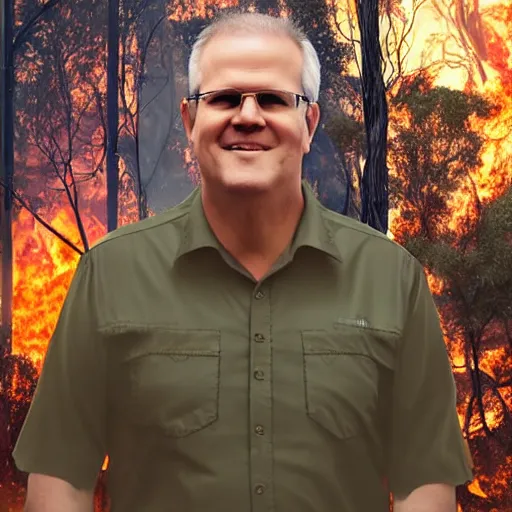 Image similar to Prime Minister Scott Morrison selfie by a bush fire, cinematic, hyper realism, high detail, vivid colors, octane render, unreal engine, 8k