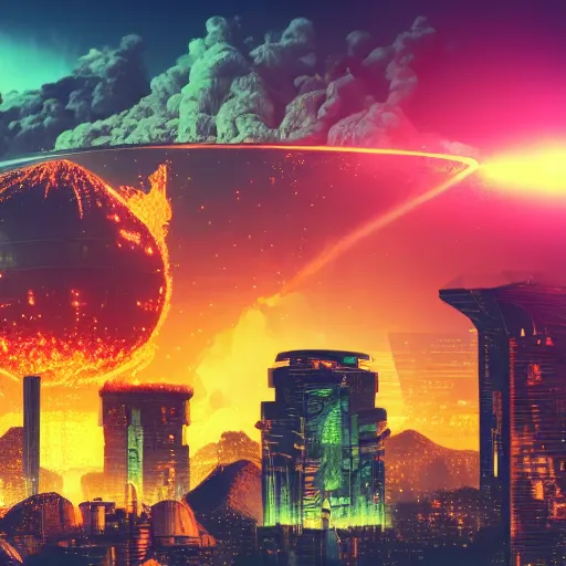 Prompt: large cyberpunk city on fire with volcano erupting in the background, planets in the sky, sharp focus, highly detailed, night