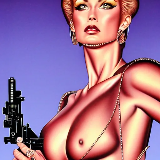 Image similar to mal watson chic lady holding a gun, 1 9 8 0's art, airbrush style, art by hajime sorayama,, intricate, elegant, sharp focus, illustration, highly detailed, h 6 4 0