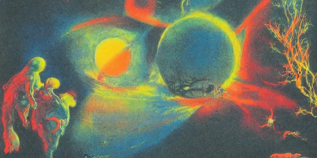 Prompt: dawn of creation; first atom; beings of light and darkness; ethereal plane. Bright neon colors. illustrated by maurice sendak and Stephen Gammell and ERIC CARLE