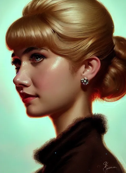 Image similar to portrait of betty cooper with fluffy bangs, bangs, 1 9 6 0 s, ponytail, curly bangs and ponytail, rounder face, intricate, elegant, glowing lights, highly detailed, digital painting, artstation, concept art, smooth, sharp focus, illustration, art by wlop, mars ravelo and greg rutkowski