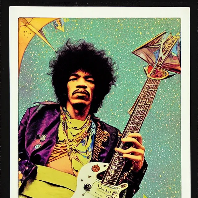 Prompt: polaroid of a vintage record cover by Franklin Booth showing a portrait of Jimi Hendrix as a futuristic space shaman, Alphonse Mucha background, star map, smoke