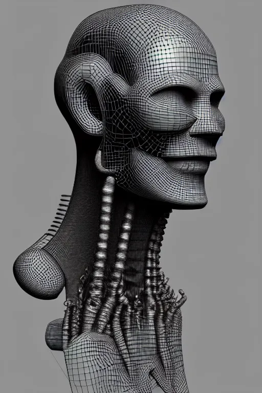 Prompt: 3D render of a rugged profile face portrait of a male cyborg, 150 mm, capacitors, neon lenses for eyes, Mandelbrot fractal, anatomical, flesh, facial muscles, wires, microchip, veins, arteries, full frame, microscopic, elegant, highly detailed, flesh ornate, elegant, high fashion, rim light, octane render in the style of H.R. Giger and Bouguereau