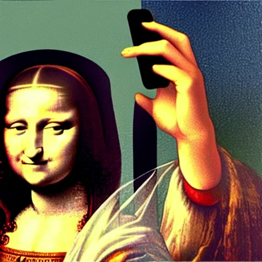 Prompt: The MonaLisa Taking a smartphone selfie