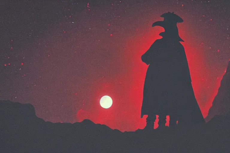 Image similar to A plague doctor standing on mars looking at camera, distant background, red lighting, ominous, gloomy, moonlight, bokeh, synthwave, psychedelic, glitch, acrylic, flooko, detailed, cybernetic, sci-fi, glows,