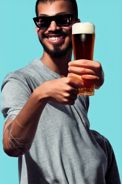 Prompt: a young man wearing raybands holding a beer giving a thumbs up with a long beard, real life skin, intricate, elegant, highly detailed, artstation, concept art, smooth, sharp focus, airbrush painted, art by ross tran